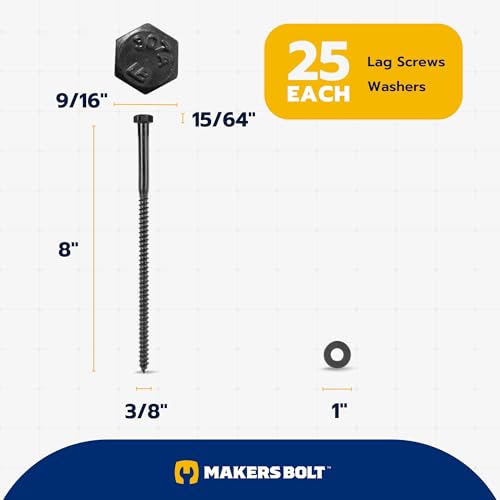 3/8 x 8 (25 Pack) Lag Screw Kit, 25 Screws and 25 Washers, Ceramic Black Ruspert Coating for Exterior Use, Meets ASTM A307 and ASME B18.2.1, Industrial/Commerical Grade by Makers Bolt - size: 3/8 x 8