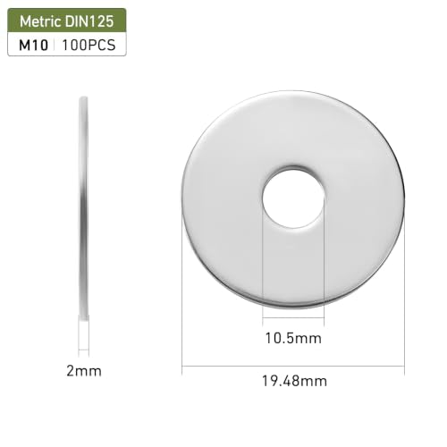 100PCS M10 Flat Washers, 304 Stainless Steel 18-8, 10.5mm ID x 19.48mm OD Hardware Washers for Screws Bolts - color: Silver, size: Metric M10