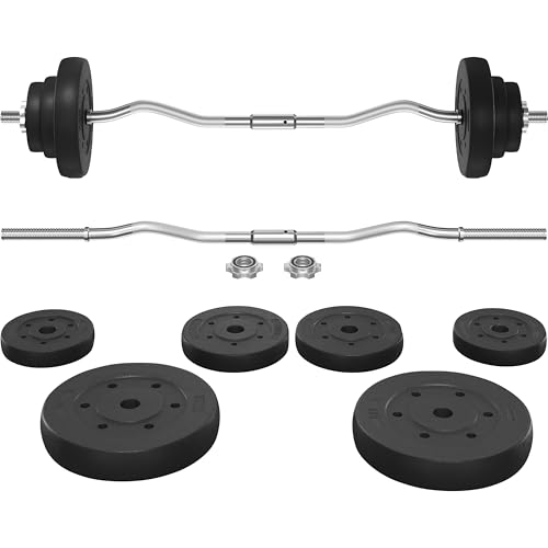Yaheetech Curl Bar with Weights Adjustable W-Shaped Barbell Home Gym Set | Knurled iron bar with concrete-filled hdpe plates, star locks adjust weight for compact, gym-free strength training at home - size: 44 lbs