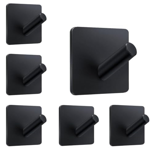 Adhesive Towel Hooks 6 Pack, Bath Towel Hooks, Adhesive Wall Hooks for Bathroom Coat Robe Kitchen, Stainless Steel self-Adhesive Hooks, Black - color: Cylinder