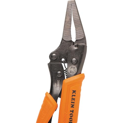 Klein Tools 38610 Locking Plier, Long Nose with Lever Release Handles, High Torque, Ideal for Tight Spaces, 4-Inch - style: 4-In Long Nose
