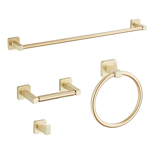 Brusehd Light Gold Bathroom Hardware Set 4 Pieces,Bathroom Accessories Set Stainless Steel Wall Mounted, Hand Towel Bar, Towel Ring, Robe Towel Hooks,Toilet Paper Holder,Towel Bar Set, 23.6 Inch… - color: Brusehd Light Gold-4pcs, size: 23.6Inch