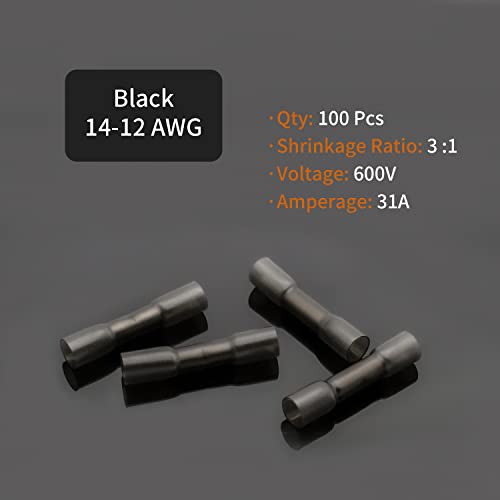 14-12 AWG Butt Connectors Heat Shrink - 50Pcs Black Electrical Wire Connector Insulated Waterproof Boat Automotive Wire Splice Crimp Wiring Terminals - size: AWG 14-12