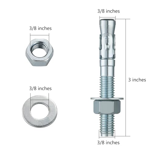 Wensilon 3/8x3" 10Pcs Inch Standard Fasteners for Heavy-Duty Zinc Wedge Anchors for Cement and Concrete - size: 3/8x3"