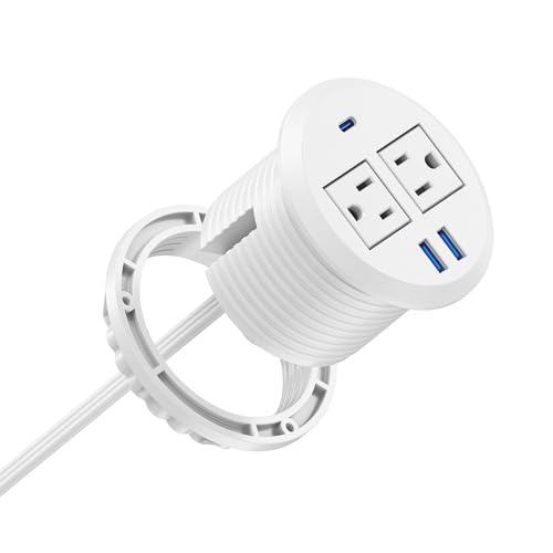 Jgstkcity 2-in-1 Desktop Power Grommet with USB-C Output, 125V, 12A, 2 AC Outlets, 3 USB Charging Ports, White - color: White