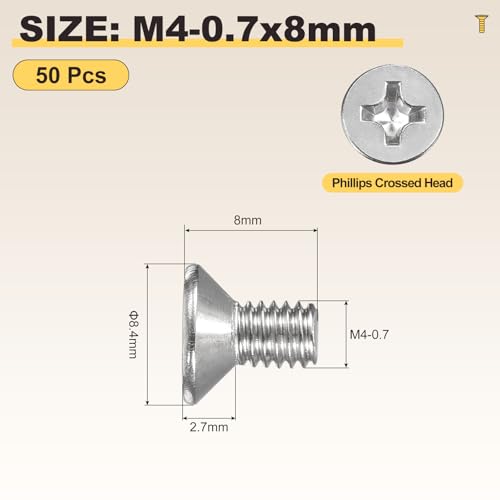 METALLIXITY M4-0.7x8mm Phillips Flat Head Bolts 304 Silver 50Pcs - color: Silver, size: M4-0.7x8mm