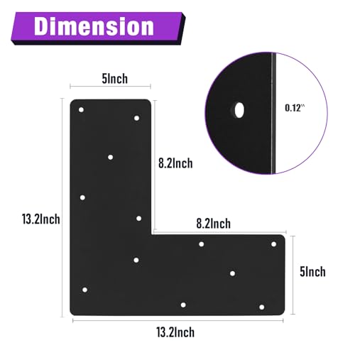 4 Pcs 13.2"x 5"L Shape Flat Bracket, Mending Plate with Black Powder-Coated Right Angle Brackets, Corner Bracket, L Shape Plate Fit 6x6,8x8 for Repair House,Furniture,Pavilion,Truss framing - style: L Shape(13.2"x13.2"x5")