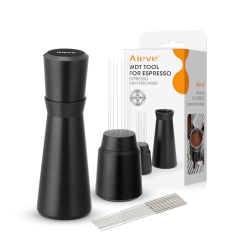 Aieve WDT Tool Espresso, Metal Distribution Tool with 10 x 0.4mm Stainless Steel Needles Espresso Stirrer, Coffee Distributor Aluminum Alloy Handle & Stand with 10 Extra needle - color: Metal Black