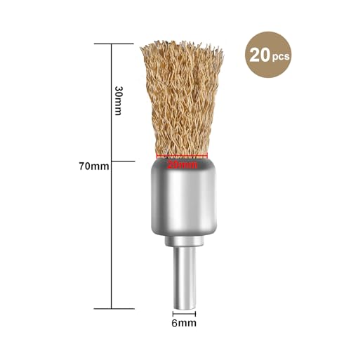 ATOPLEE 20pcs Brass Coated Wire Brush Wheel & Cup Brush Set with 1/4 Inch Round Shank,Diameter 3/4‘’（20mm） Crimped Wire Brush Wheel for Rust Removal, Corrosion and Scrub Surfaces,for Drill Attachment - style: 20mm,20pcs