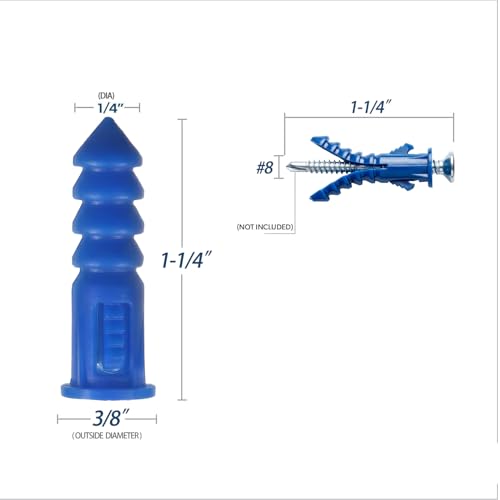 200 Count Premium Plastic Drywall Anchors, 1/4 x 1-1/4 Inch Wall Anchors, 6mm Diameter, Fits #8 x 1-1/4 Inch Screws, Bulk Pack, Screws Not Included (Blue) - size: 1/4*1-1/4“