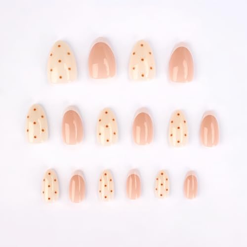 Short Almond Press On Nails, French Tip Brown Polka Dot, 32Pcs - color: 65-Polka French Charm