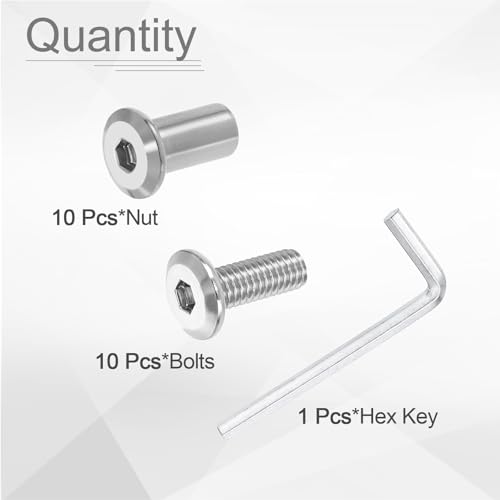 HARFINGTON 10 Set M6x16mm Hex Drive Socket Cap Bolt and M6x15mm Nuts with M4 Hex Wrench, Furniture Connector Bolts and Screws for Furniture Countersunk Belt, Silver - size: M6x16mm, M6x15mm