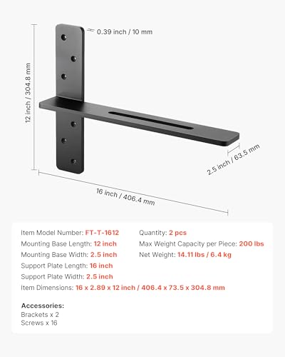 VEVOR T Shelf Brackets, 200 lbs Capacity, 2 Pcs, 16 inch Solid Steel Heavy Duty with Screws for Floating Shelves, Countertop Support Hardware - size: 16x2.89x12 in