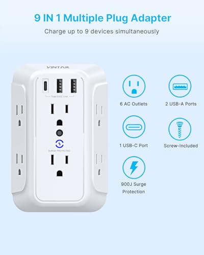 VINTAR 2 Prong to 3 Prong Outlet Adapter, 6 Outlet Extender with 3USB Ports - style: A4: 1 Pack - 6AC+2A1C