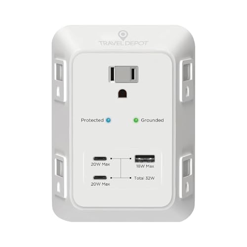 Travel Depot 5-Outlet Wall Outlet Extender with Surge Protector, (White) | 2 USB-C PD & 1 USB-A Charging Ports, 32W Fast Charging, Multi Plug Wall Adapter, 3-Sided Design for Home & Office - color: White