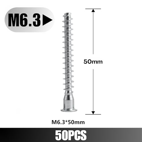 Confirmat Screws, M6.3 x 50 mm 50 PCs, Hex Socket Drive Countersunk Furniture Connecting Self-Tapping Screw Set Carbon Steel Zinc Plated - color: Silver, size: M6.3x50mm