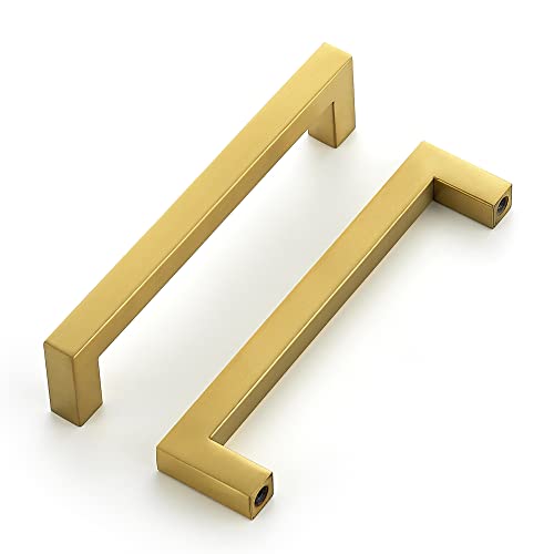 Ravinte Brushed Brass Square Cabinet Handles Drawer Pulls,5 Inch,30 Pack | Screws Included, Stainless Steel, Square Bar Grip, Easy Install, Kitchen Cabinet Hardware, For Cupboards, Drawers, Dressers - color: Brushed Brass