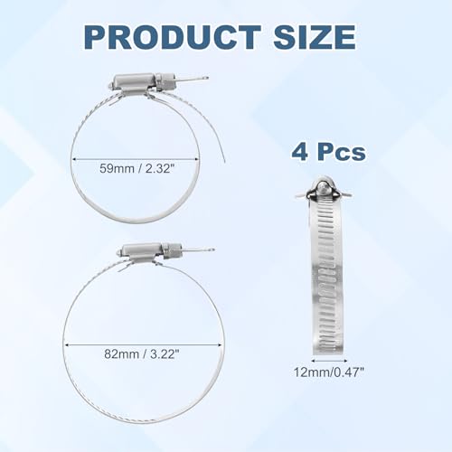 HARFINGTON 4pcs Hose Clamps 2.3"-3.2" (59-82mm) Adjustable 304 Stainless Steel Worm Gear Hose Clamps Assortment Kit for Plumbing Dryer Vent Automotive Dust Collector - size: 59-82mm