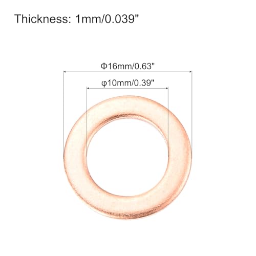 MECCANIXITY 52 Pcs Flat Copper Washers, 10x16x1mm Copper Upgraded Flat Metric Sealing Crush Ring Washers for Hydraulic Fittings Screw Bolt Nut Electronic Repair - size: 10x16x1mm