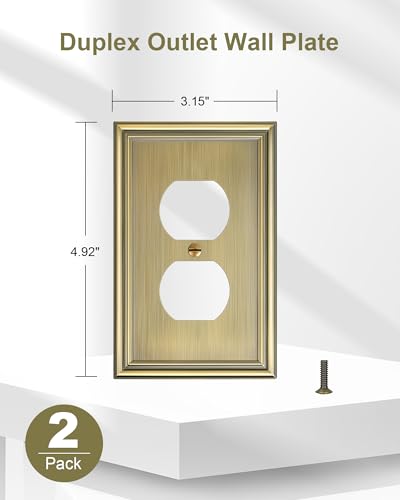 2-Pack Zinc Alloy Single Duplex Outlet Cover Plate, Solid Receptacle Cover - color: Antique Brass, size: 1 Duplex 2PK