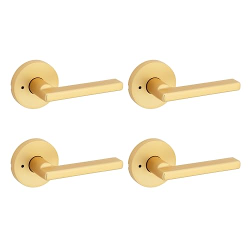 Kwikset Halifax Interior Round Privacy Door Handle with Lock, Door Lever for Bathroom and Bedroom, Satin Brass Reversible Keyless Push Button Lock Door Lever, 4 Pack - color: Satin Brass, size: 4 Pack