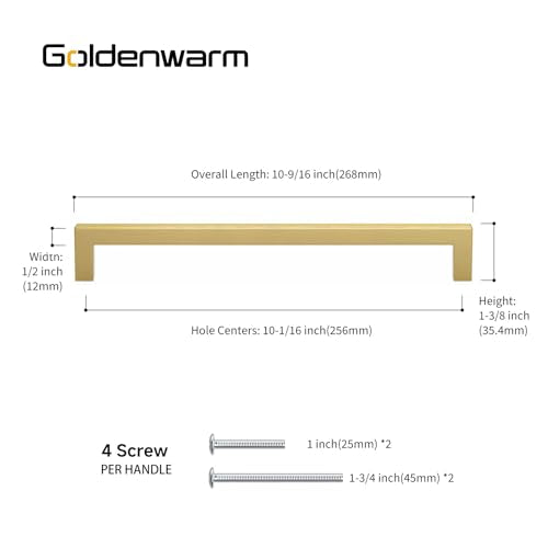 Goldenwarm Gold Cabinet Pulls Kitchen Cabinet Door Handle - LSJ12GD256 Brushed Brass Drawer Pulls 10 Inch Hole Centers Modern Square Cupboard Handles Hardware Dresser Knobs 25 Pack - color: Gold, size: 10in Hole Centers