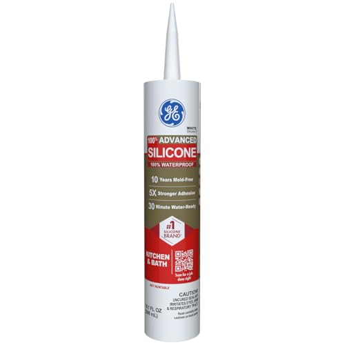 GE Advanced Silicone Caulk for Kitchen & Bathroom, White, 10 fl oz Cartridge, 1 Pack - 100% Waterproof Silicone Sealant, 5X Stronger Adhesion, Shrink & Crack Proof - size: Pack of 1, style: White