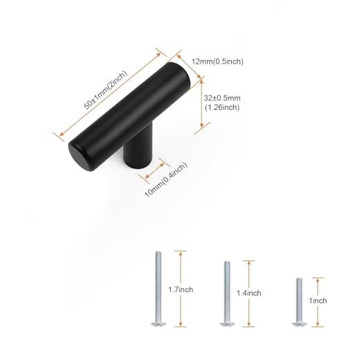 Probrico 30 Pack Length 2inch Matte Black Kitchen Cabinet Knobs,Stainless Steel Dresser Drawer Knob,Euro Style Single Hole Pull Handles for Cupboard and Closet - size: Single Hole: 2 inch