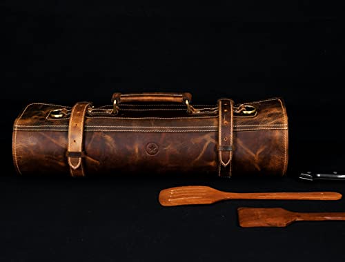 Aaron Leather Goods Vendimia Estilo Leather Knife Roll Storage Bag, Elastic and Expandable 10 Pockets, Adjustable/Detachable Shoulder Strap, Travel-Friendly Chef Knife Case Roll (Caramel, Leather) - color: Caramel