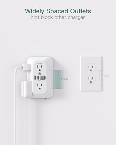 Addtam Surge Protector, 6 Outlet Extender with Night Light and 4 USB Ports | Multi Plug Wall Outlet, Electrical Outlet Splitter, 3-Sided 1800J Power Strip for Home/Dorm/RV, All-in-one, Easy to Install