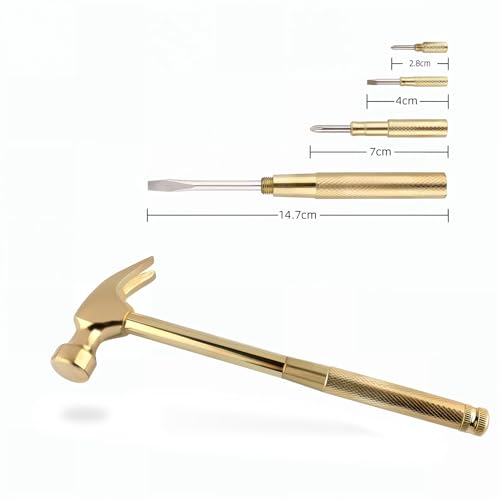 Multifunction Hammer 6 in 1 with Slotted/Flat Head Phillips Screwdriver Claw Hammer Manual, Portable Metal Mini Tool Hammer (Gold) - color: Gold