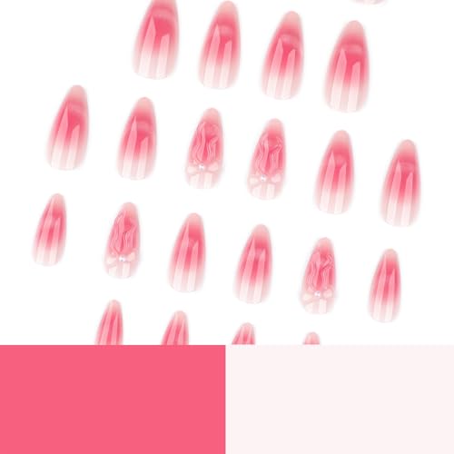 Mivota Soft Gel Press On Nails Almond Nude Pink Glitter, 3D Butterfly Glue On Nails, Reusable Fake Nails Acrylic Look, Luxury Press on Nails Kit 24PCS for Women Wedding Party - color: 3D-68 Pink Gradient Bowknot