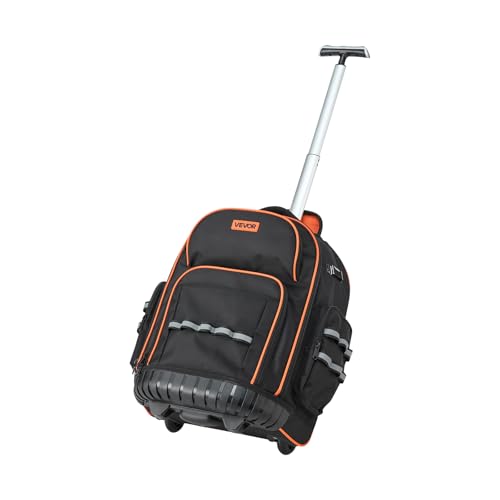 VEVOR Rolling Tool Backpack, 110 lbs Load Capacity, 45 Pockets Heavy Duty Roller Tool Bag on Wheels, Adjustable Telescoping Handle & Stable Base, Toolbag Organizers for Construction, Mechanic - style: Tool Backpack