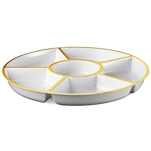 Plasticpro 6 Sectional Round Plastic Serving Tray/Platter (2, White & Gold) - color: White & Gold
