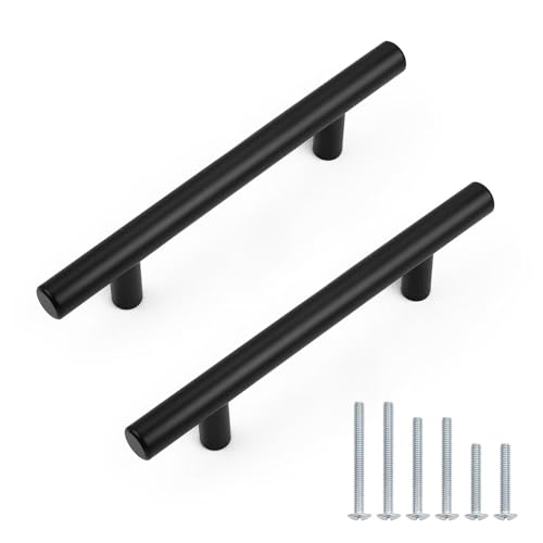 Probrico 30 Pack Holes Spacing(90mm) 3.5inch Flat Black Kitchen Cabinet Handles, Stainless Steel Dresser Drawer Pulls,6inch Length Euro T Bar Pull Handle for Closet - size: Center to Center: 3.5 inch