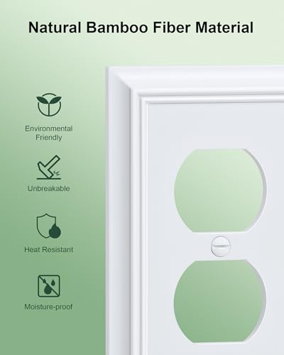6-Pack Natural Bamboo Fiber Duplex Outlet Cover Plate, Durable Wall Plate - color: Pure White, size: 1 Duplex 6PK