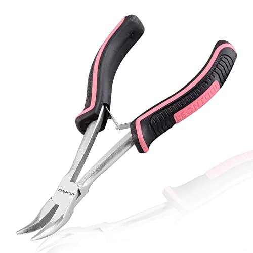 Long Reach Bent Nose Pliers with Serrated Jaw 6 Inches Mini Bent Long Nose Pliers Bent Chain-Nose Pliers Curved Long Nose Plier For Jewelry Making Working In Tight Spaces Pink Tool for Women - style: Bent Nose Plier