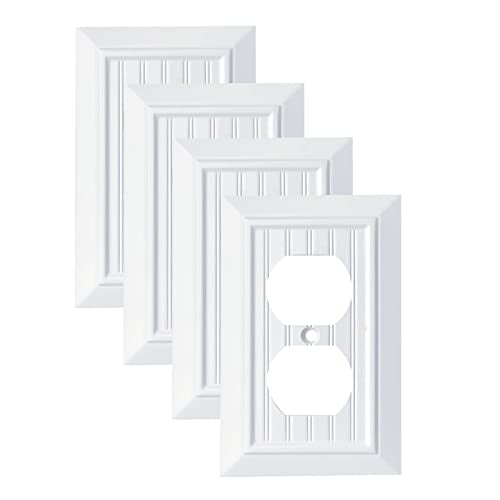 Pure White Classic Beadboard Wall Plates,Light Switch Covers,Electrical Outlet Covers, Switch Plates of Various Combination, Nature Bamboo Fiber Wall plate (1 Gang Duplex 4 Pack) - style: 1 Gang Duplex 4 Pack