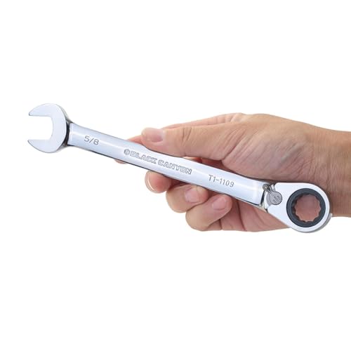 BLACK CANYON 5/8 Inch Ratchet Combination Wrench, 12-Point Box End & Hex Opening, Polished Steel Ratcheting Wrench with SAE & Metric Sizes - size: 5/8 Inch, style: Inch