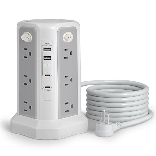 Surge Protector Power Strip Tower (13A 1625W) 10FT with PD20W USB C Port - style: White Gray-13A-2A2C