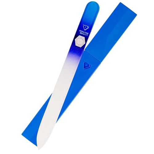 Bona Fide Beauty Glass Nail File with Case (Aqua Cobalt), Made in Czech | Genuine Bohemian Czech glass nail file for natural nails, reusable etched fine grit nail filer, easy to wash nail file - color: Aqua/Cobalt