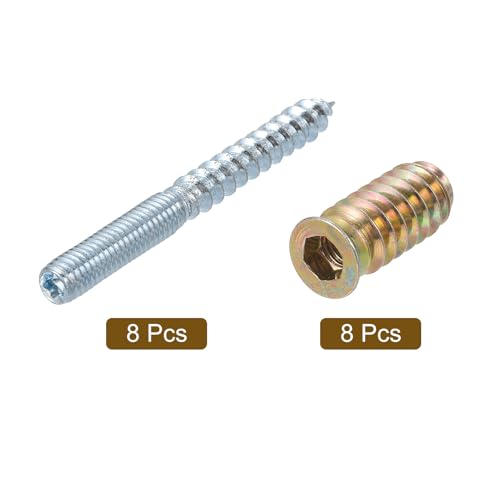 uxcell M6x60mm Hanger Bolts, 8pcs 31mm Wood Dowel Screw Self-Tapping Screw with 8pcs M6x24mm Threaded Insert Nuts Interface Hex Socket Drive, for Joint Furniture Legs