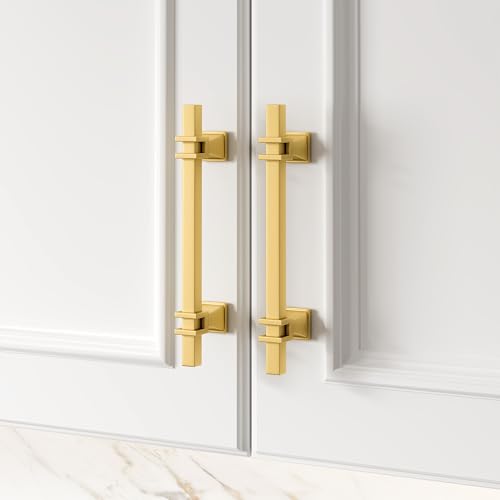 Haliwu 10 Pack 5 Inch Gold Cabinet Handles Brushed Brass Drawer Pulls - color: Matte Gold, size: Hole Center Spacing：128mm (5-1/16 inch)