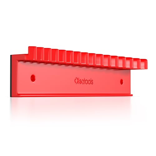 Olsa Tools Magnetic Wrench Organizer, Red - 15 Slot Wrench Holder - SAE and Metric Magnetic Wrench Rack - Rubberized Scratch Free Base - Wall or Toolbox Mountable Wrench Storage - Part: 1877 - color: Red