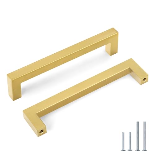 Goldenwarm 5 Pack 6-1/4 in Gold Cabinet Handles Square Drawer Pulls - color: Gold, size: 6 1/4 Inch Hole Center