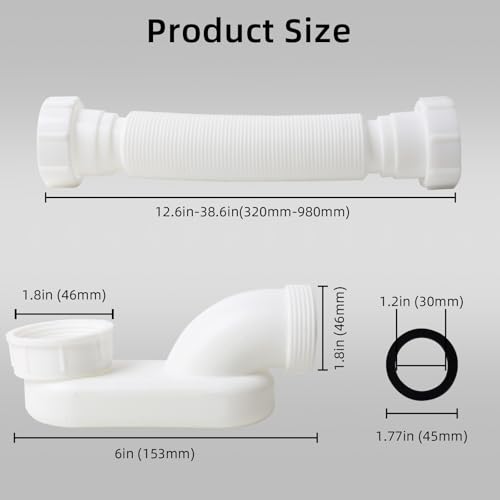 Low Profile 1 1/2" P Trap Flexible Bathtub & Shower Drain Pipe, Flat P Trap Kit for Freestanding Tub, Space Saving Bath Drain Assembly, Easy Install Durable Plumbing Replacement - style: Both ends have threads - white