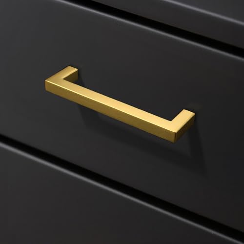 KNOBWELL 6Pack 5 Inch Brushed Gold Cabinet Pulls Stainless Steel Kitchen Cabinet Handles Square Drawer Pulls Modern Cabinet Hardware Handles，128mm Hole Centers - color: Brushed Gold, size: Hole Center:5 inch(128mm)