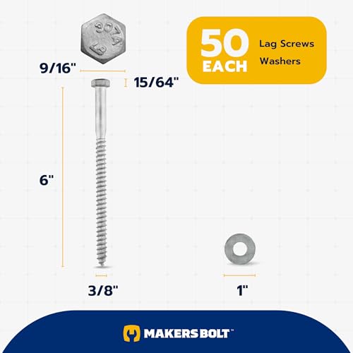 3/8 x 6 (50 Pack) Lag Screw Kit, 50 Screws and 50 washers, Hot Dip Galvanized, Meets ASME B18.2.1 Industrial/Commercial Grade by Makers Bolt - size: 3/8 x 6