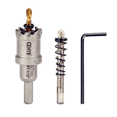 1-1/16" (27mm) Tungsten Carbide Tipped Hole Saw with 2Pcs Titanium-Plated Pilot Drill Bits for Hard Metal,Stainless Steel,Iron,Aluminum Alloy,Wood and Plastic - size: 27mm | 1-1/16"