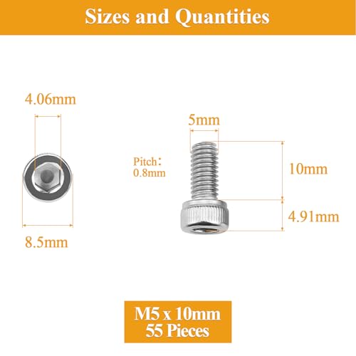 55 Pieces M5 x 10mm Socket Head Cap Screws, Thread Pitch 0.8mm, Sutemribor M5 Screws, 304 Stainless Steel, Fully Threaded, Silver - size: M5 x 10mm, style: Socket Head